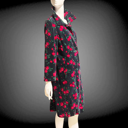 TOWN & COUNTRY vintage 1960s evening coat, black velvet rose print midi coat