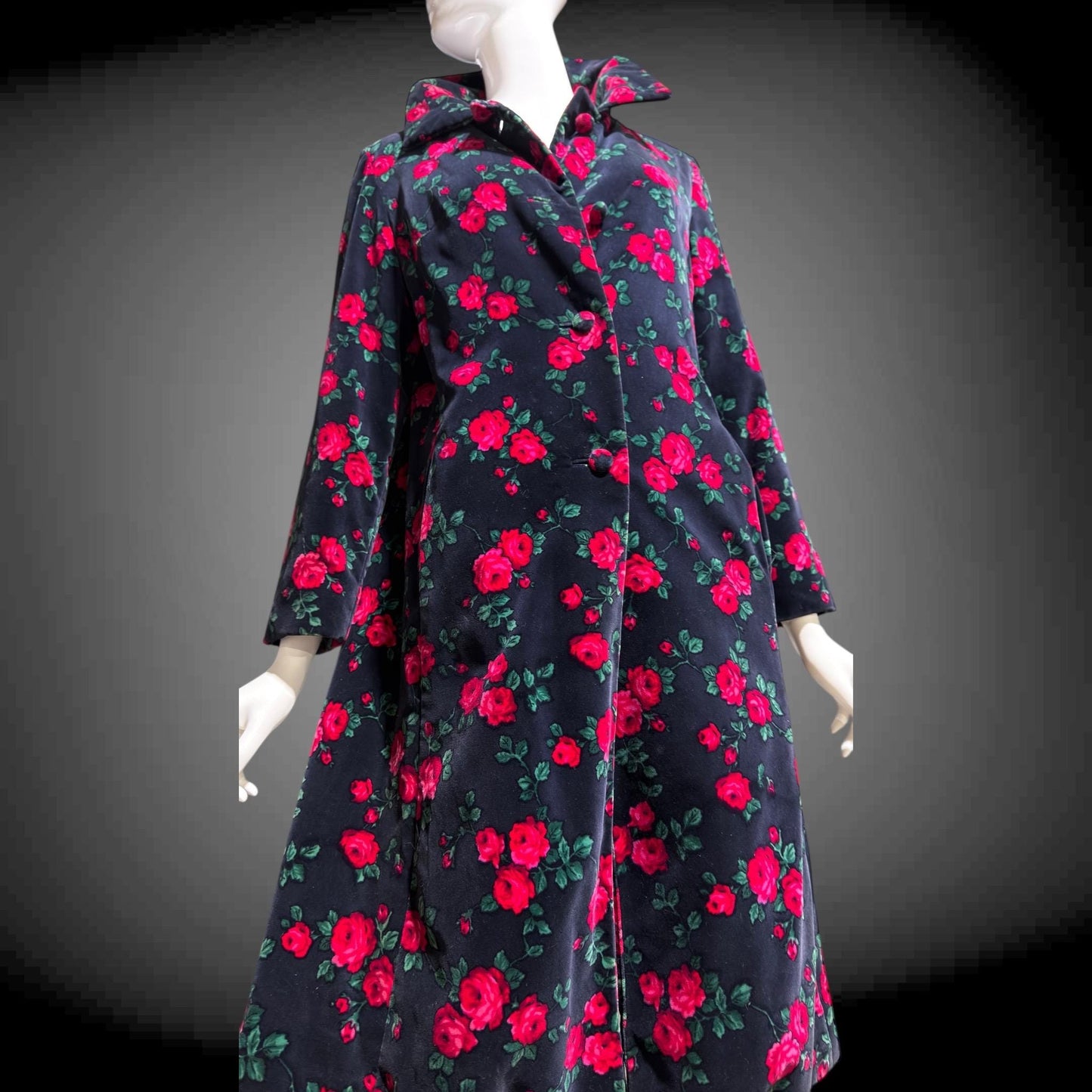 TOWN & COUNTRY vintage 1960s evening coat, black velvet rose print midi coat