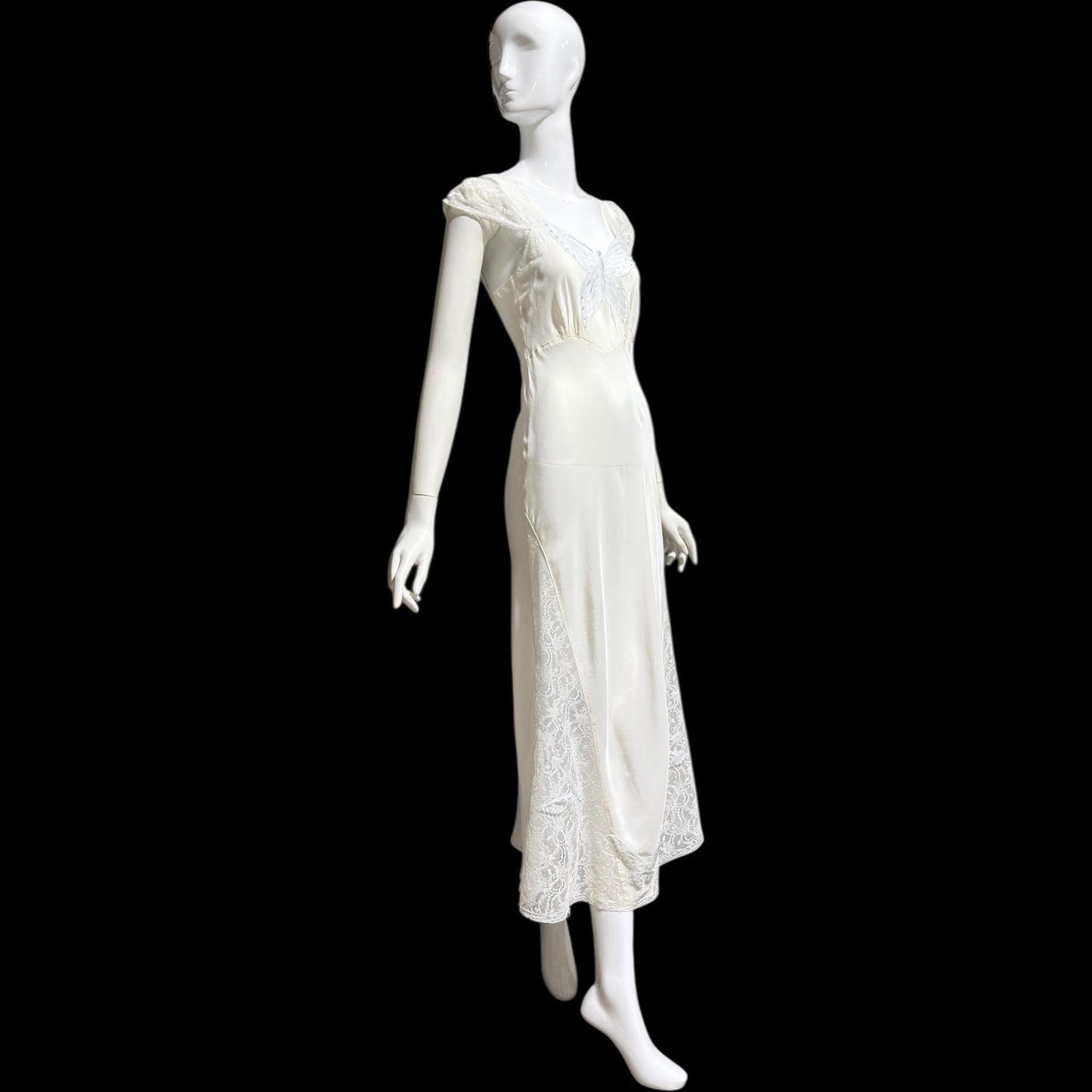 1940s vintage Nightgown slip dress, White Butterfly motif full length lingerie dress