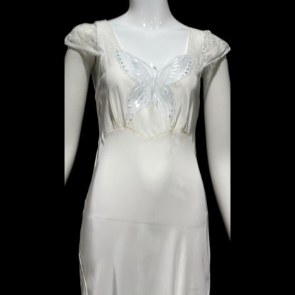1940s vintage Nightgown slip dress, White Butterfly motif full length lingerie dress