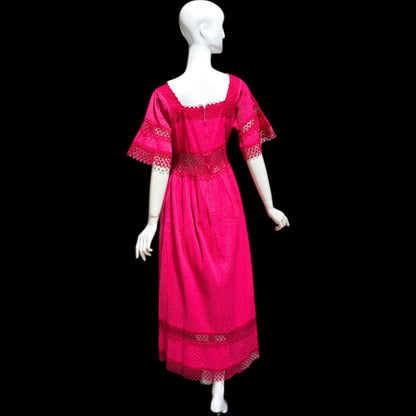 1970s Vintage Mexican evening wedding Dress, Hot Pink cotton crochet maxi dress