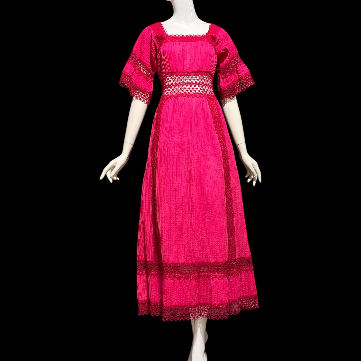 1970s Vintage Mexican evening wedding Dress, Hot Pink cotton crochet maxi dress