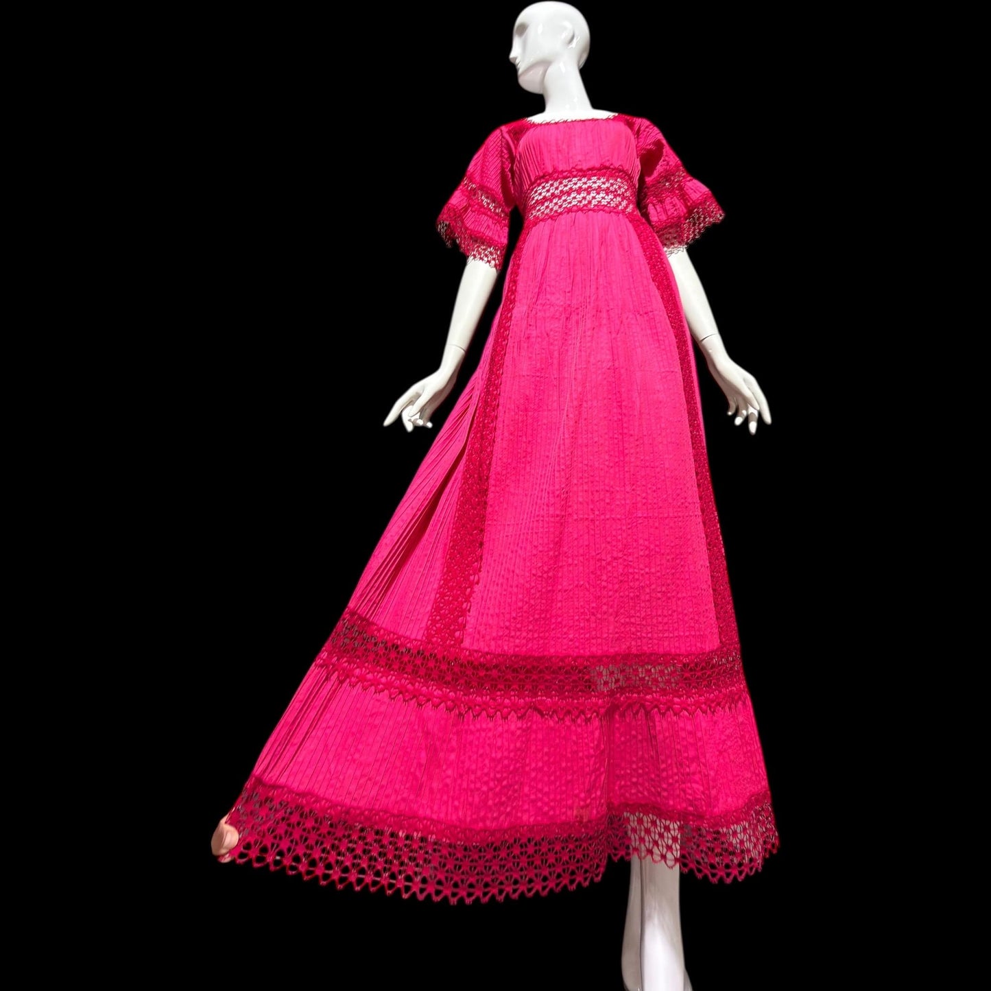 1970s Vintage Mexican evening wedding Dress, Hot Pink cotton crochet maxi dress