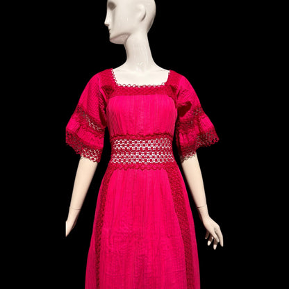 1970s Vintage Mexican evening wedding Dress, Hot Pink cotton crochet maxi dress