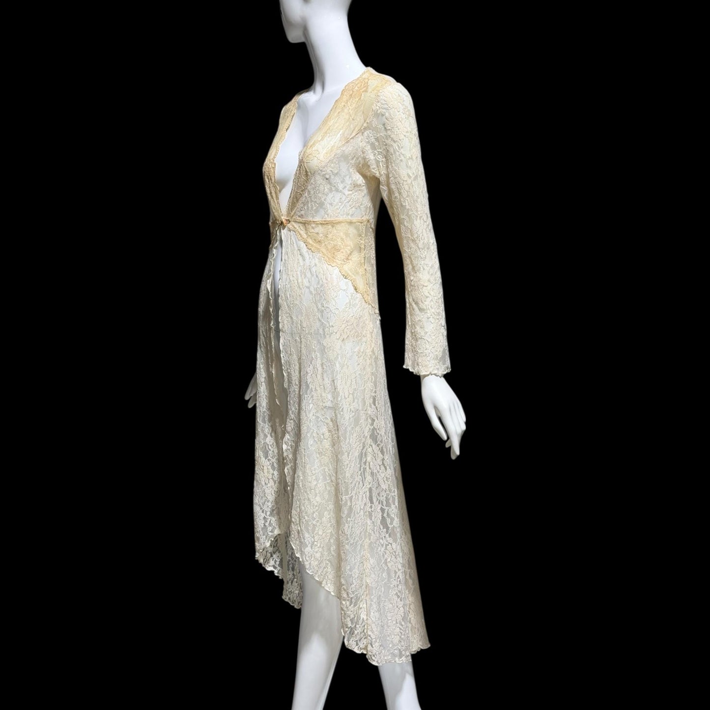 CLAIRE PETTIBONE, vintage wedding coat robe, sheer nylon lace high low dressing gown