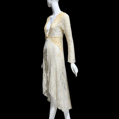 CLAIRE PETTIBONE, vintage wedding coat robe, sheer nylon lace high low dressing gown
