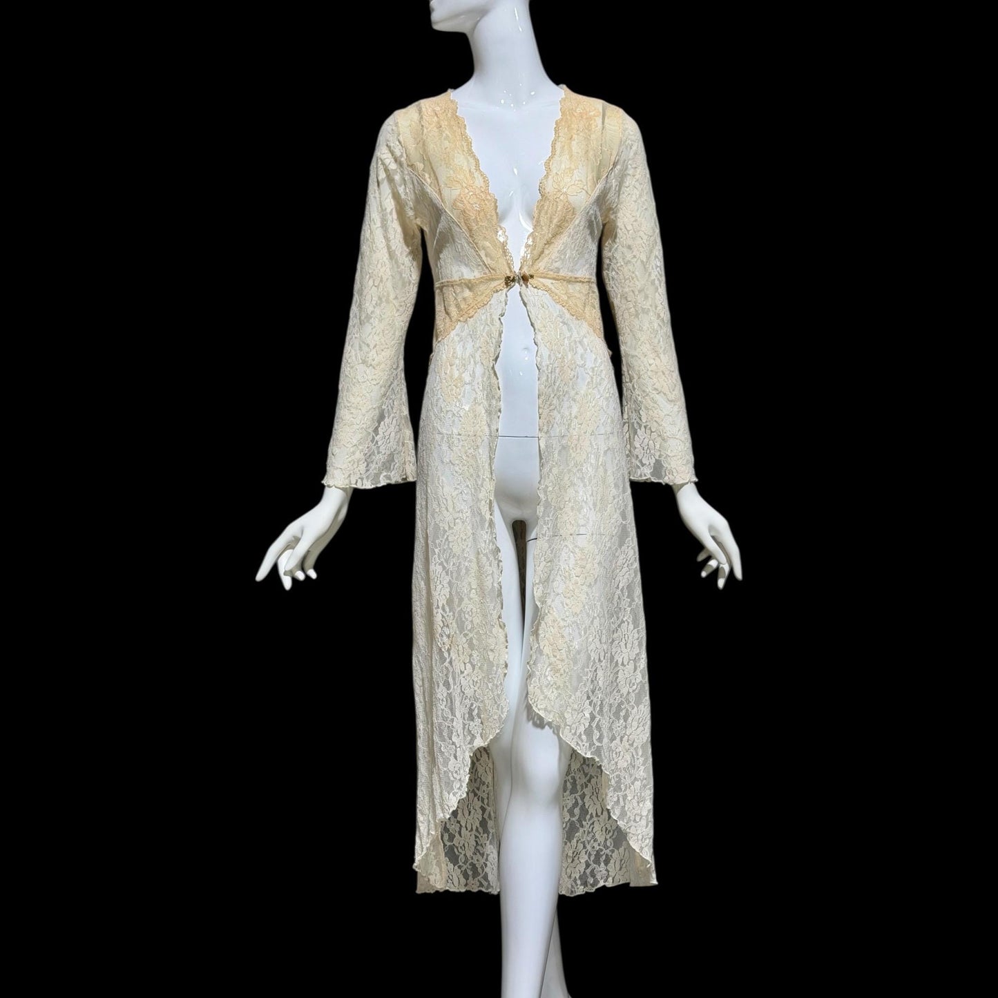 CLAIRE PETTIBONE, vintage wedding coat robe, sheer nylon lace high low dressing gown