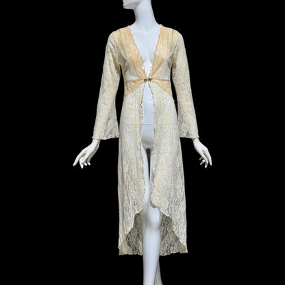 CLAIRE PETTIBONE, vintage wedding coat robe, sheer nylon lace high low dressing gown