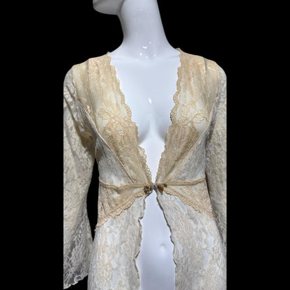 CLAIRE PETTIBONE, vintage wedding coat robe, sheer nylon lace high low dressing gown