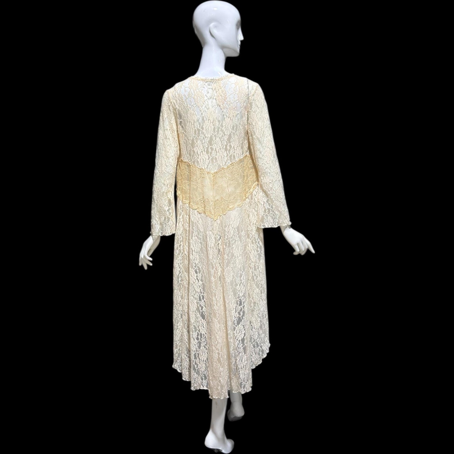 CLAIRE PETTIBONE, vintage wedding coat robe, sheer nylon lace high low dressing gown