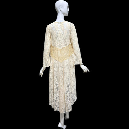 CLAIRE PETTIBONE, vintage wedding coat robe, sheer nylon lace high low dressing gown