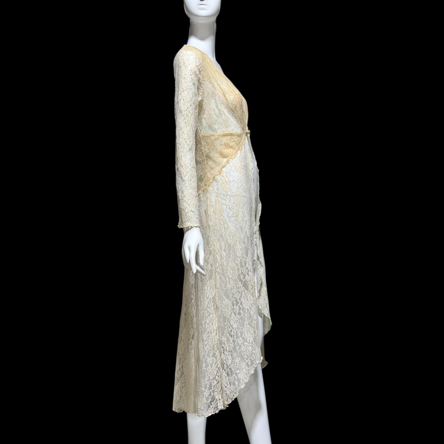 CLAIRE PETTIBONE, vintage wedding coat robe, sheer nylon lace high low dressing gown
