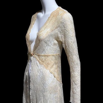 CLAIRE PETTIBONE, vintage wedding coat robe, sheer nylon lace high low dressing gown