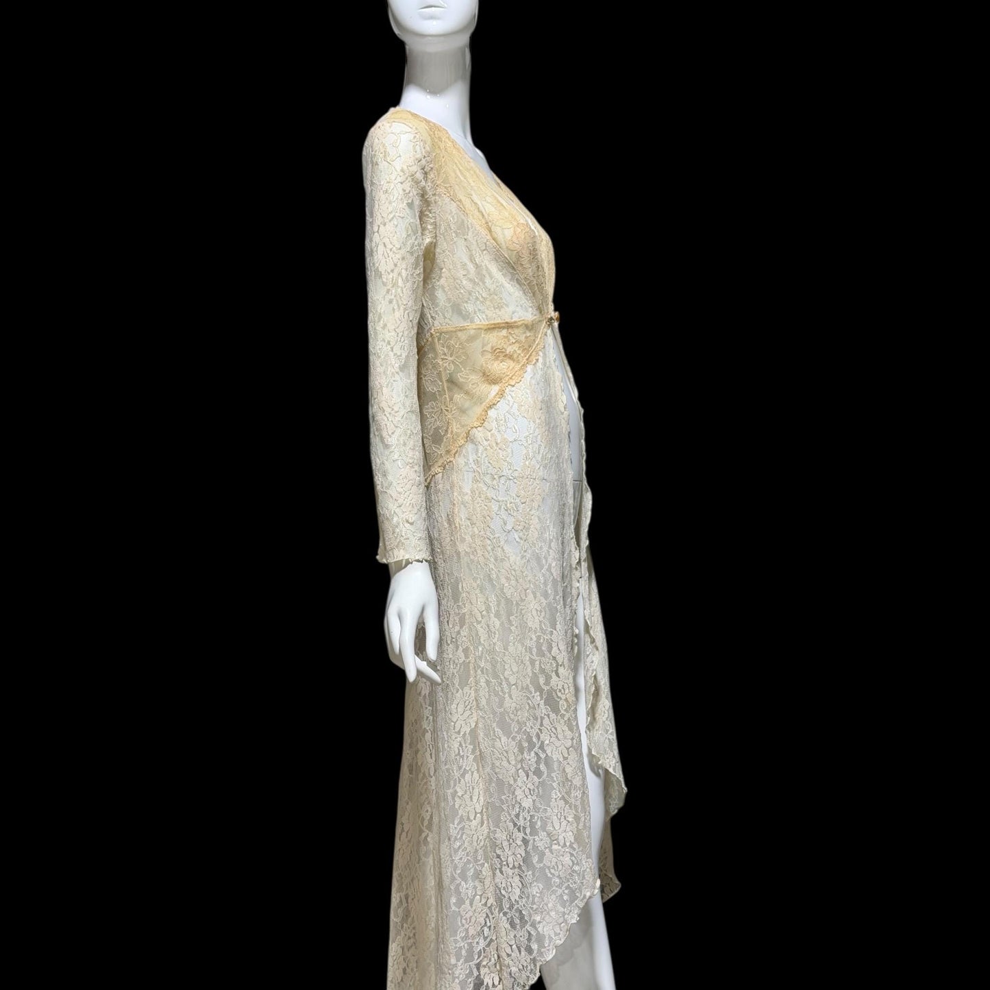 CLAIRE PETTIBONE, vintage wedding coat robe, sheer nylon lace high low dressing gown