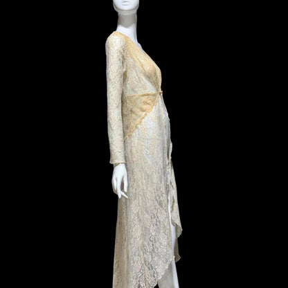 CLAIRE PETTIBONE, vintage wedding coat robe, sheer nylon lace high low dressing gown