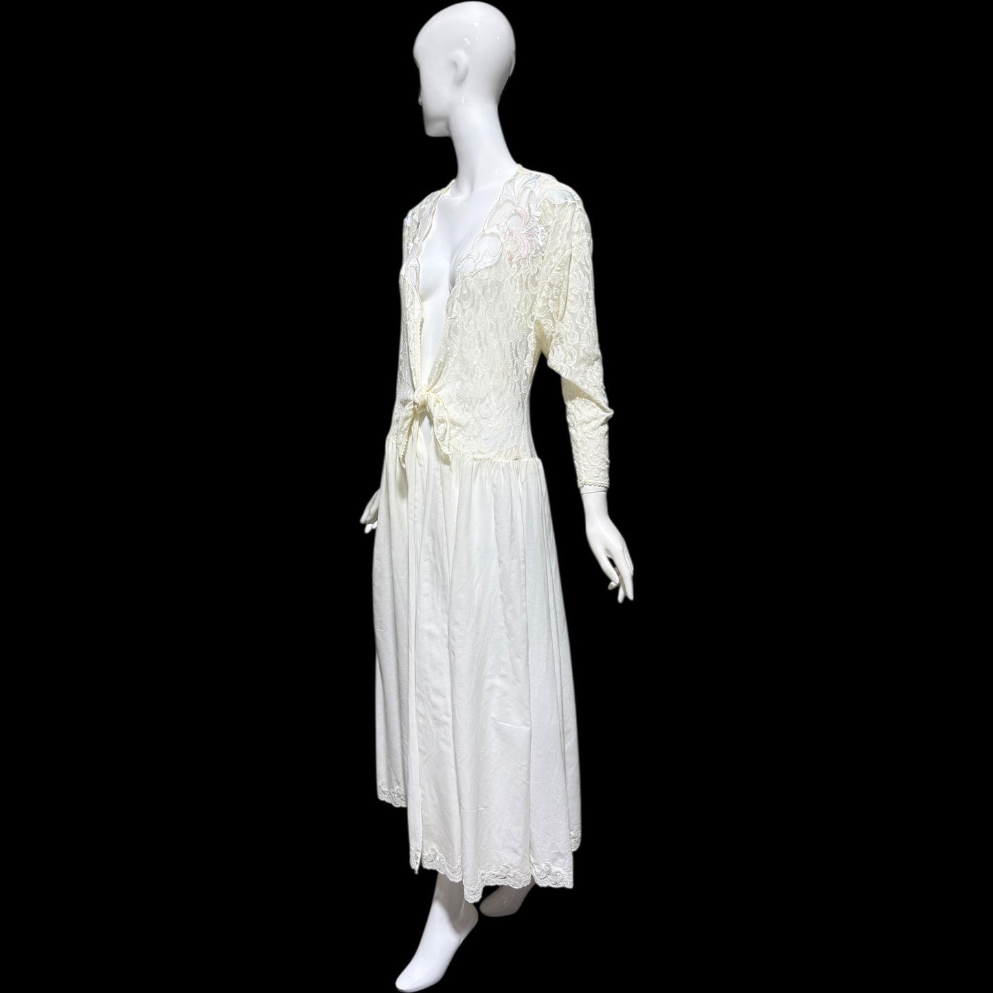 NATORI Saks, vintage dressing gown robe, 1980s Sheer white lace tie front house coat