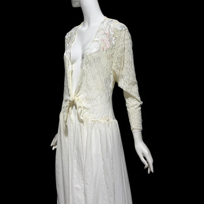 NATORI Saks, vintage dressing gown robe, 1980s Sheer white lace tie front house coat