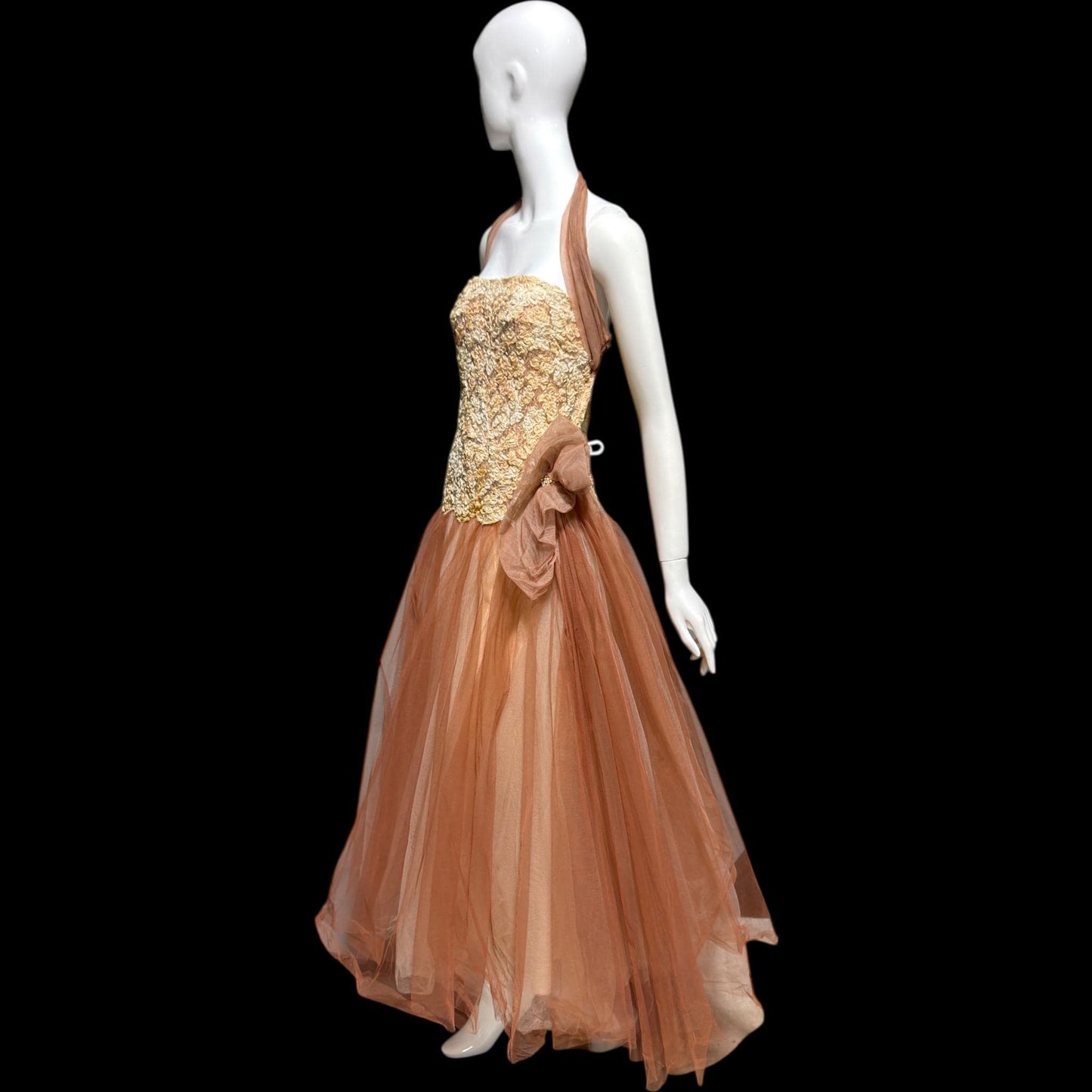 ANNE VERDI Vintage 1950s Designer evening tulle gown, Mocha Lace Cocktail Party Cupcake dress, medium