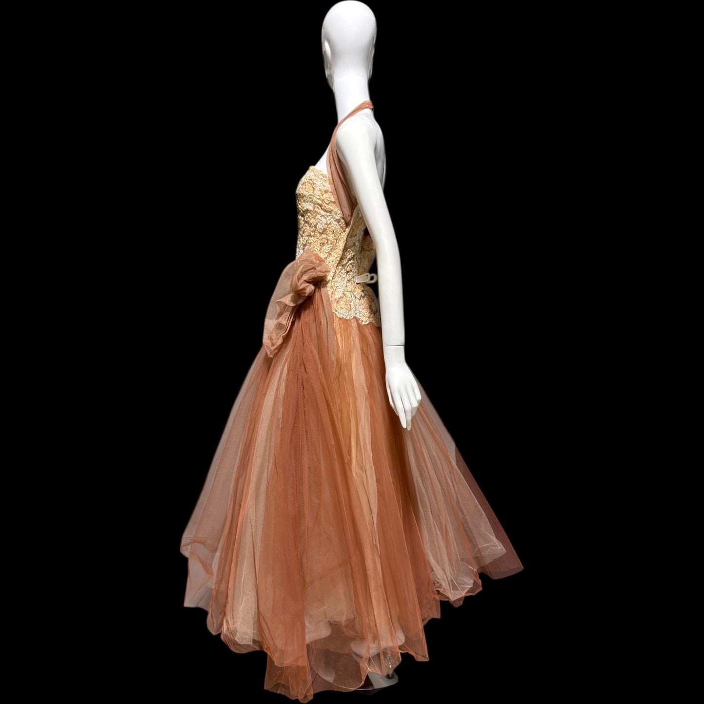 ANNE VERDI Vintage 1950s Designer evening tulle gown, Mocha Lace Cocktail Party Cupcake dress, medium
