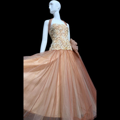 ANNE VERDI Vintage 1950s Designer evening tulle gown, Mocha Lace Cocktail Party Cupcake dress, medium