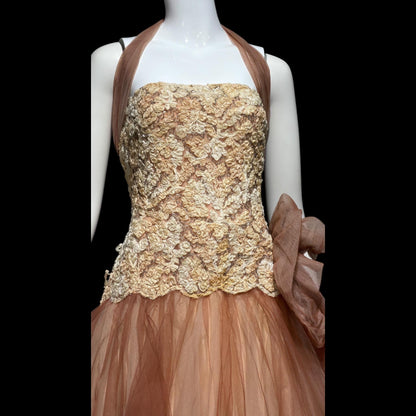 ANNE VERDI Vintage 1950s Designer evening tulle gown, Mocha Lace Cocktail Party Cupcake dress, medium