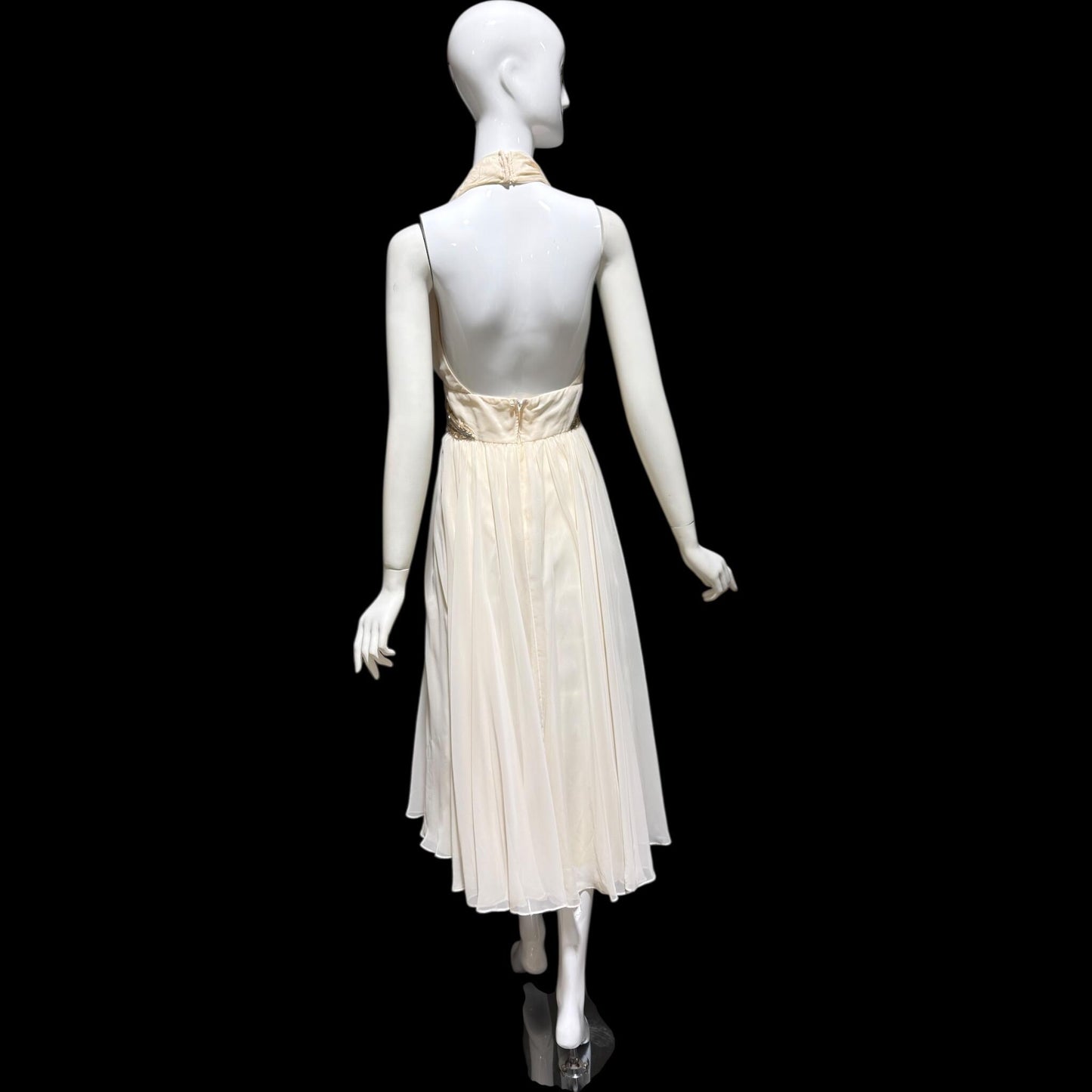 1980s vintage white chiffon dress, beaded cocktail wedding party halter dress