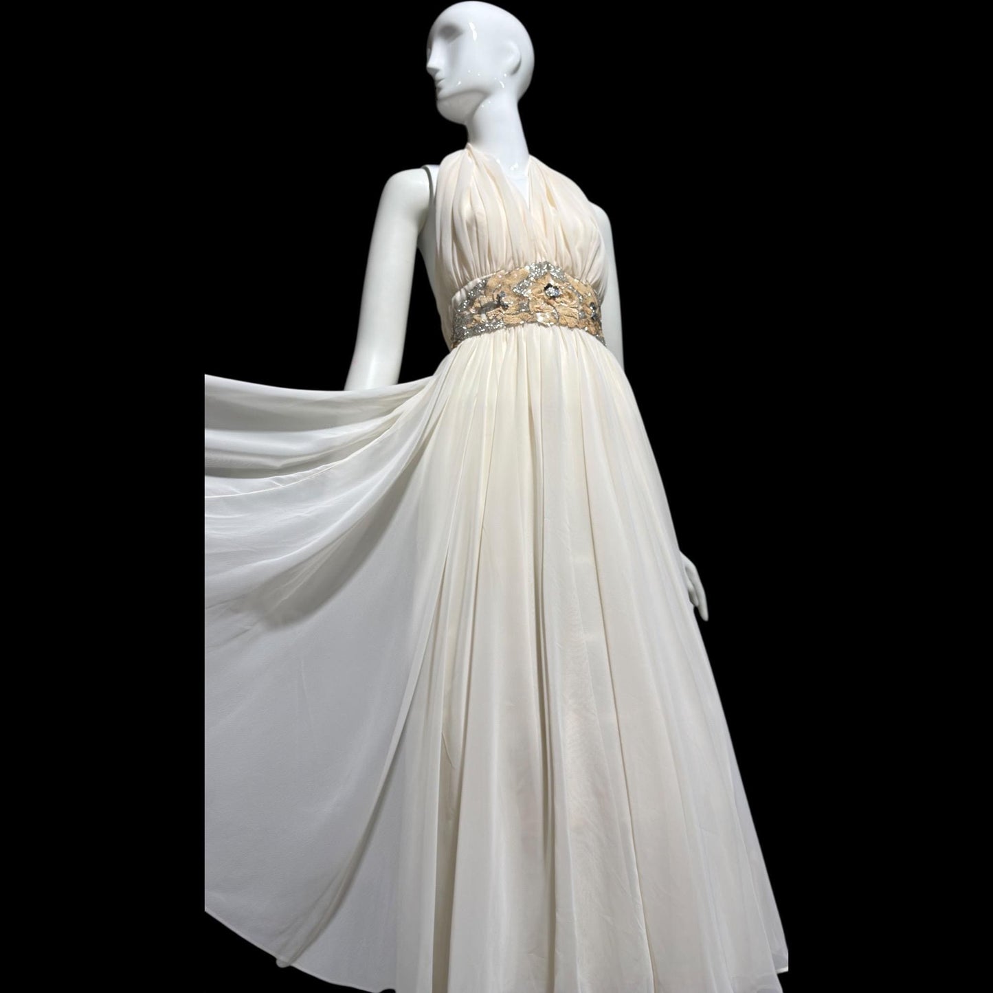 1980s vintage white chiffon dress, beaded cocktail wedding party halter dress