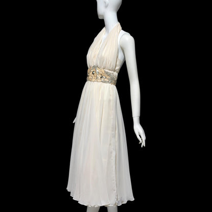 1980s vintage white chiffon dress, beaded cocktail wedding party halter dress