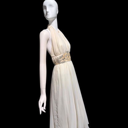 1980s vintage white chiffon dress, beaded cocktail wedding party halter dress