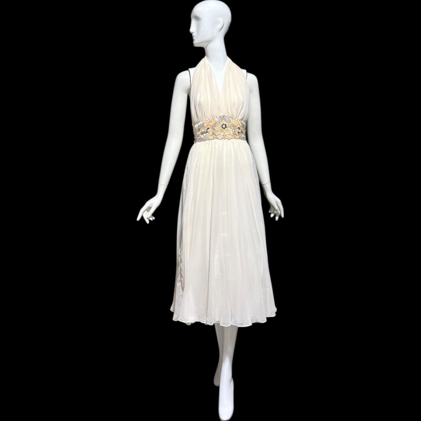1980s vintage white chiffon dress, beaded cocktail wedding party halter dress