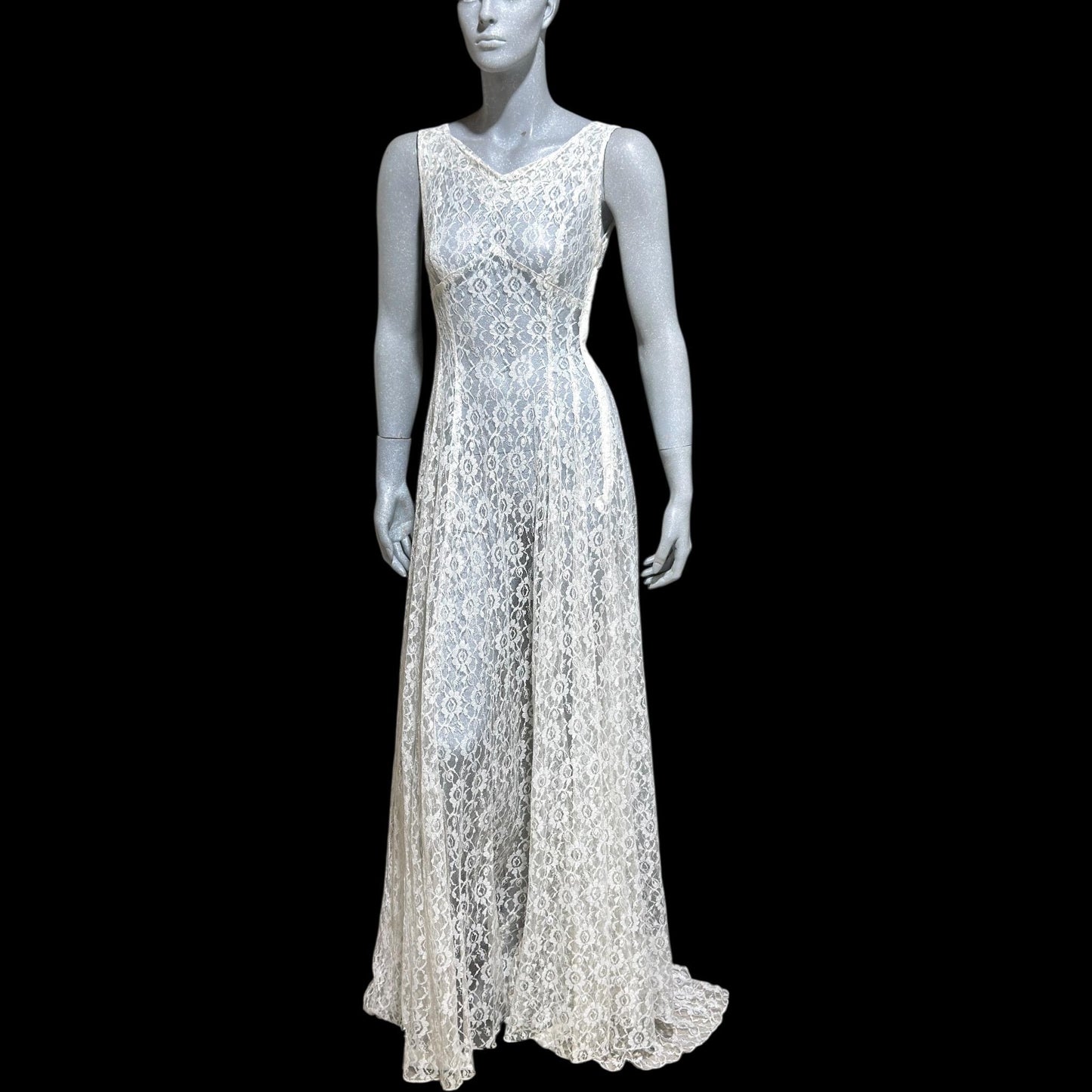 1940s vintage wedding bridal dress, white see through lace sheath full length gown with train