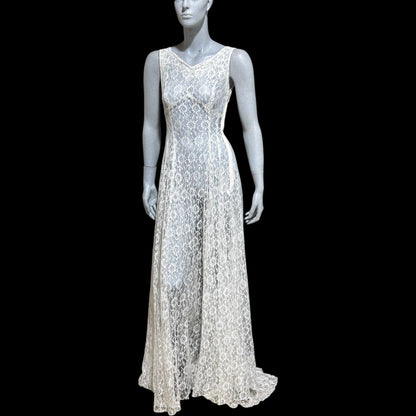 1940s vintage wedding bridal dress, white see through lace sheath full length gown with train