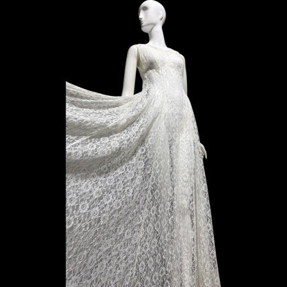 1940s vintage wedding bridal dress, white see through lace sheath full length gown with train