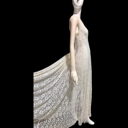 1940s vintage wedding bridal dress, white see through lace sheath full length gown with train