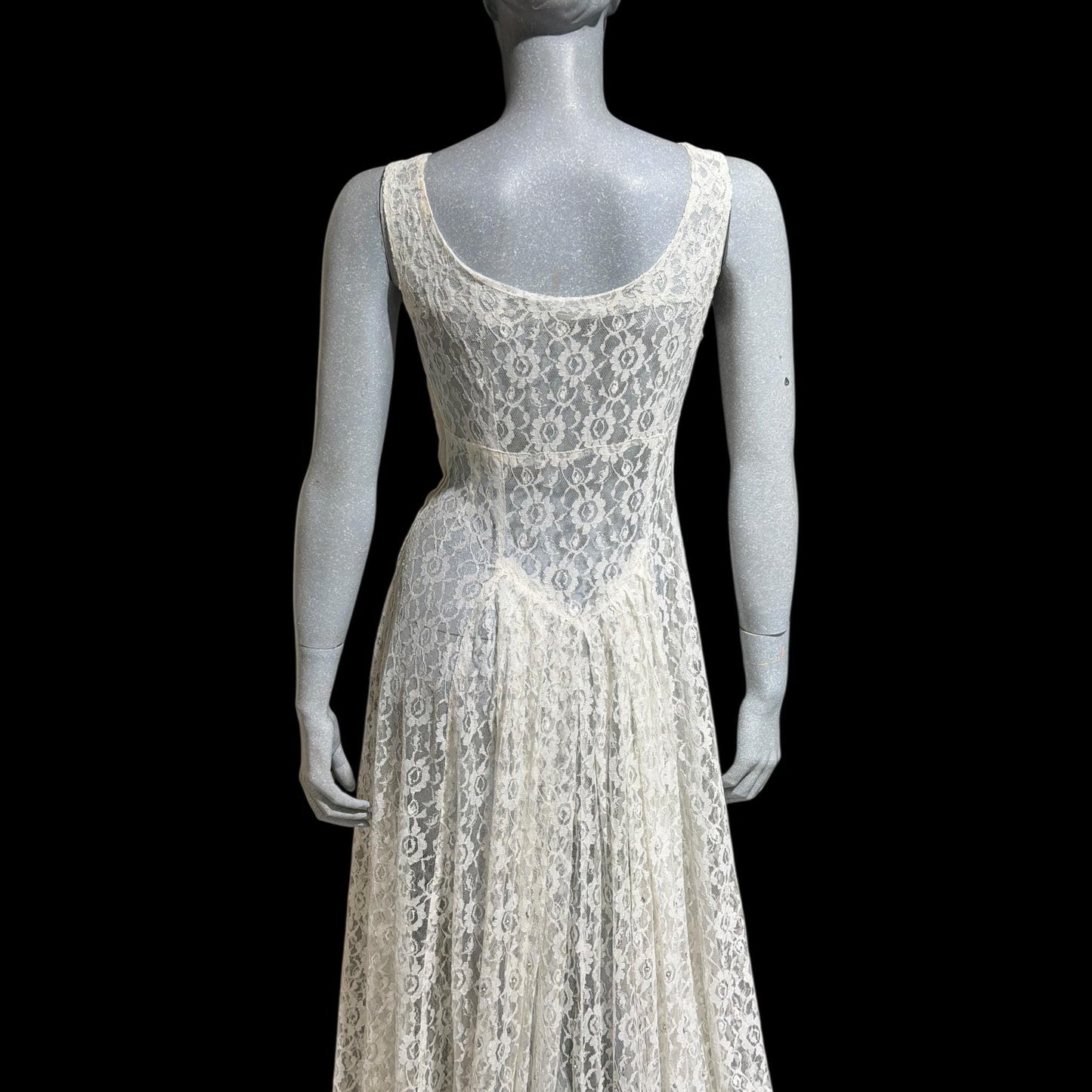 1940s vintage wedding bridal dress, white see through lace sheath full length gown with train