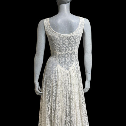 1940s vintage wedding bridal dress, white see through lace sheath full length gown with train