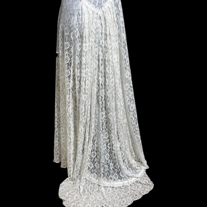 1940s vintage wedding bridal dress, white see through lace sheath full length gown with train