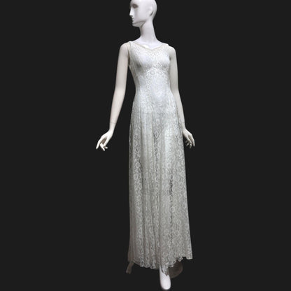 1940s vintage wedding bridal dress, white see through lace sheath full length gown with train