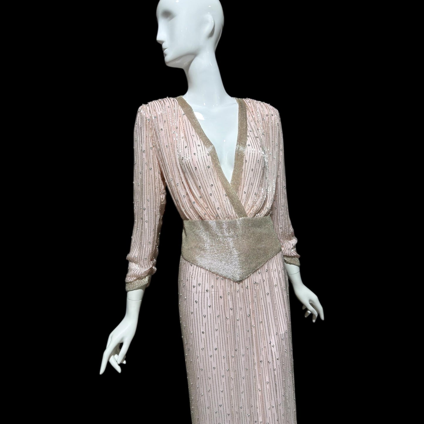 1980s Vintage evening dress gown, Powder Pink silk long sleeve beaded gown, Deep V