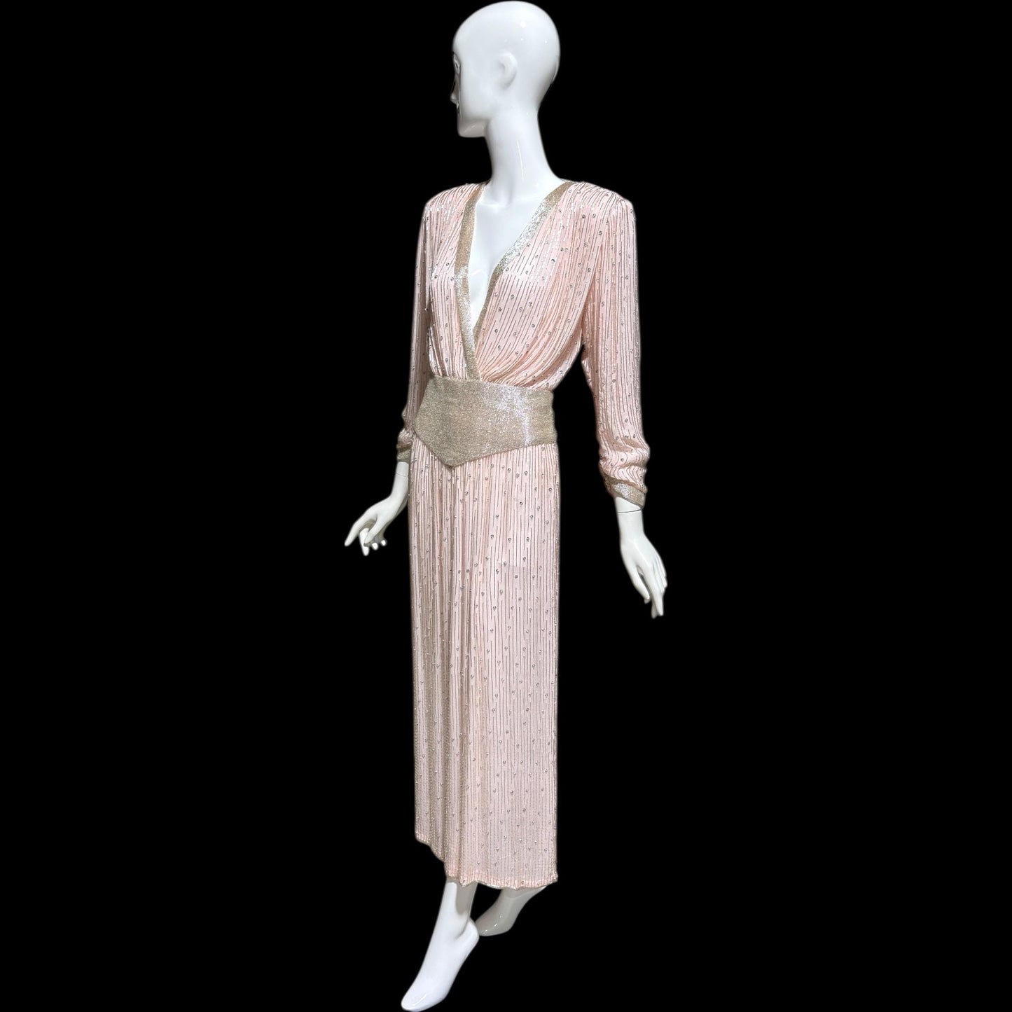 1980s Vintage evening dress gown, Powder Pink silk long sleeve beaded gown, Deep V