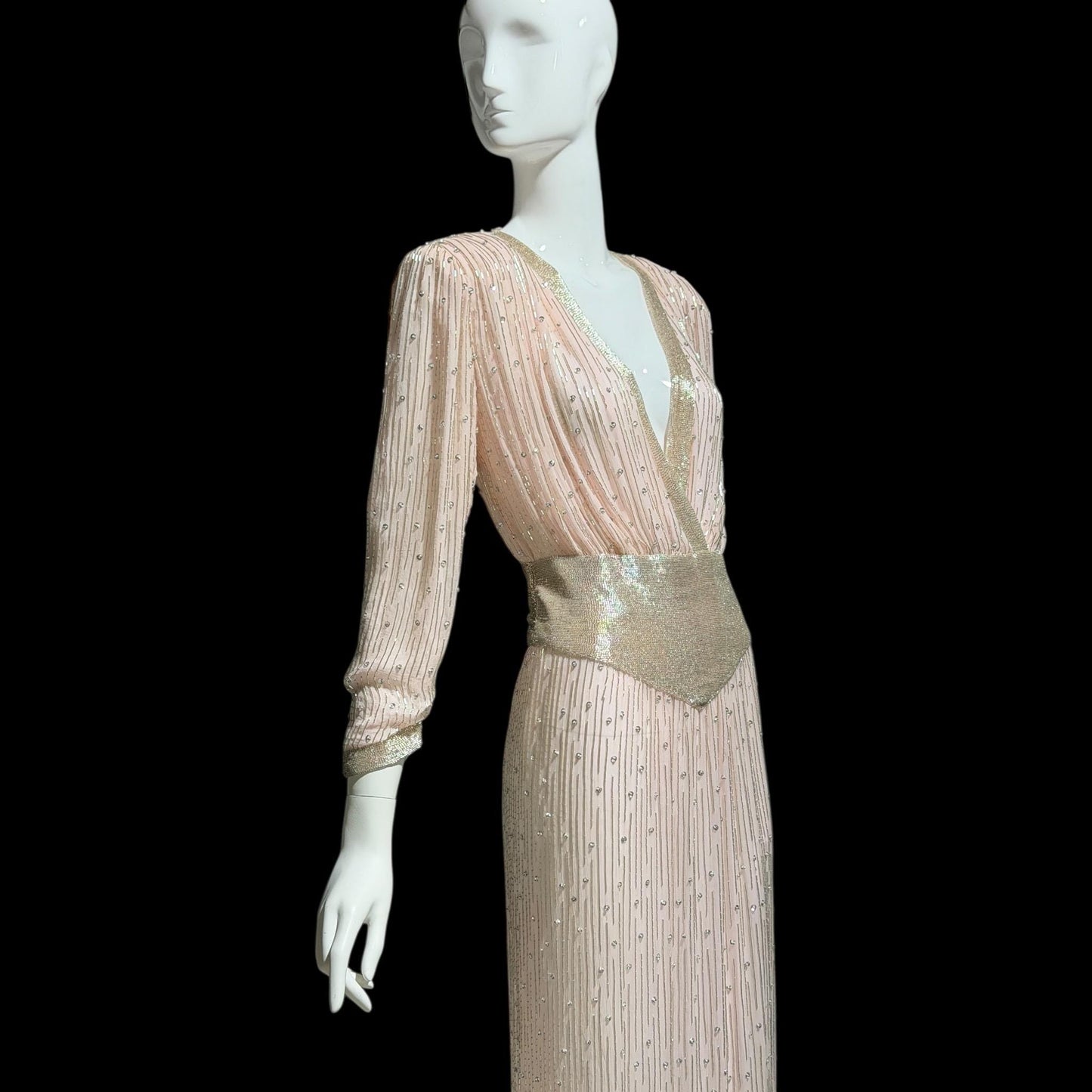 1980s Vintage evening dress gown, Powder Pink silk long sleeve beaded gown, Deep V