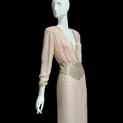 1980s Vintage evening dress gown, Powder Pink silk long sleeve beaded gown, Deep V