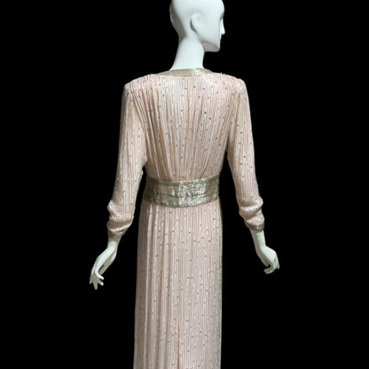 1980s Vintage evening dress gown, Powder Pink silk long sleeve beaded gown, Deep V
