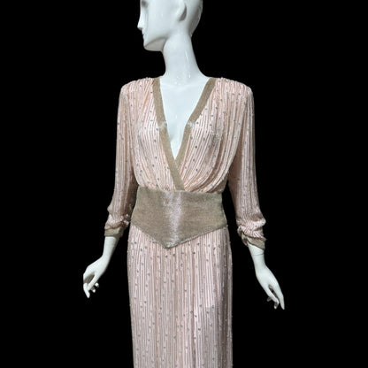 1980s Vintage evening dress gown, Powder Pink silk long sleeve beaded gown, Deep V