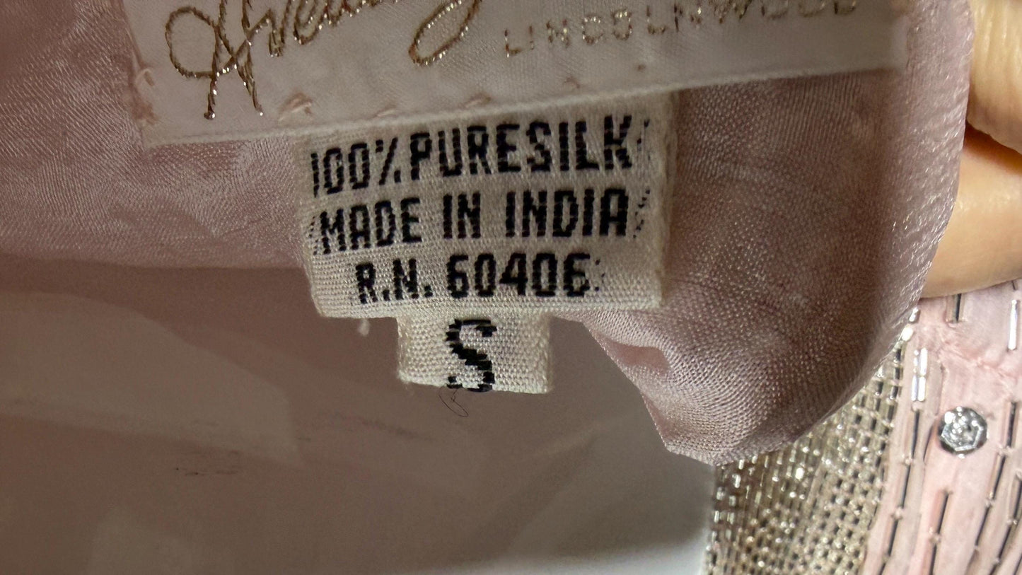 1980s Vintage evening dress gown, Powder Pink silk long sleeve beaded gown, Deep V