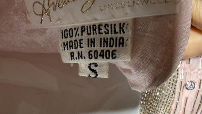 1980s Vintage evening dress gown, Powder Pink silk long sleeve beaded gown, Deep V