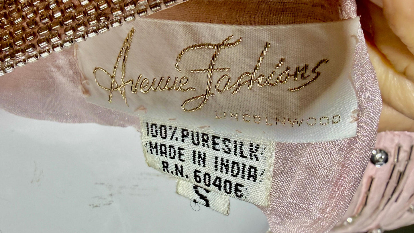 1980s Vintage evening dress gown, Powder Pink silk long sleeve beaded gown, Deep V