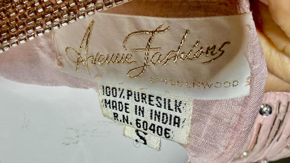 1980s Vintage evening dress gown, Powder Pink silk long sleeve beaded gown, Deep V