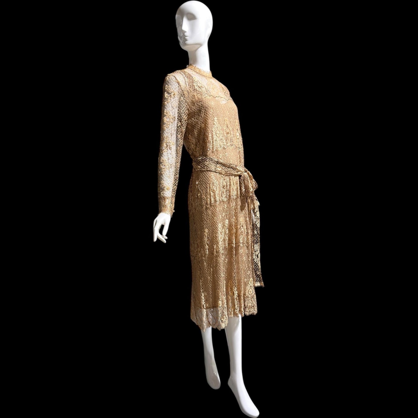 RINA di MONTELLA, vintage 1970s evening cocktail dress, silk lace high neck sequins beads