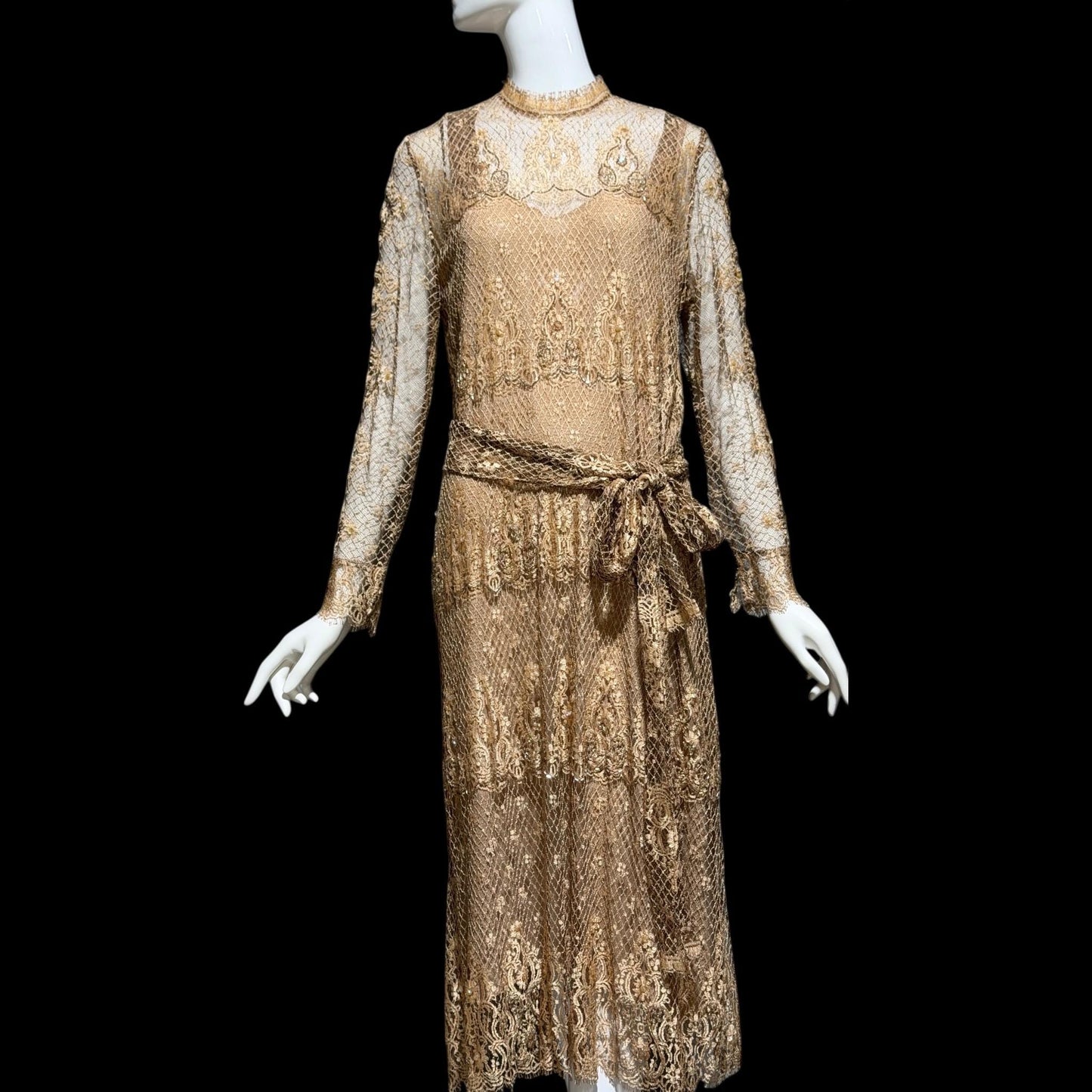 RINA di MONTELLA, vintage 1970s evening cocktail dress, silk lace high neck sequins beads